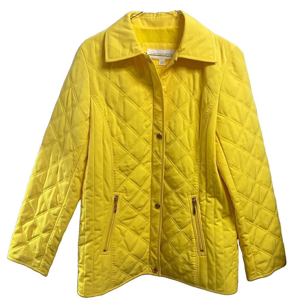 Liz Claiborne Women Yellow Lined Diamond Quilted Jacket Zip Pockets Coat S-EUC